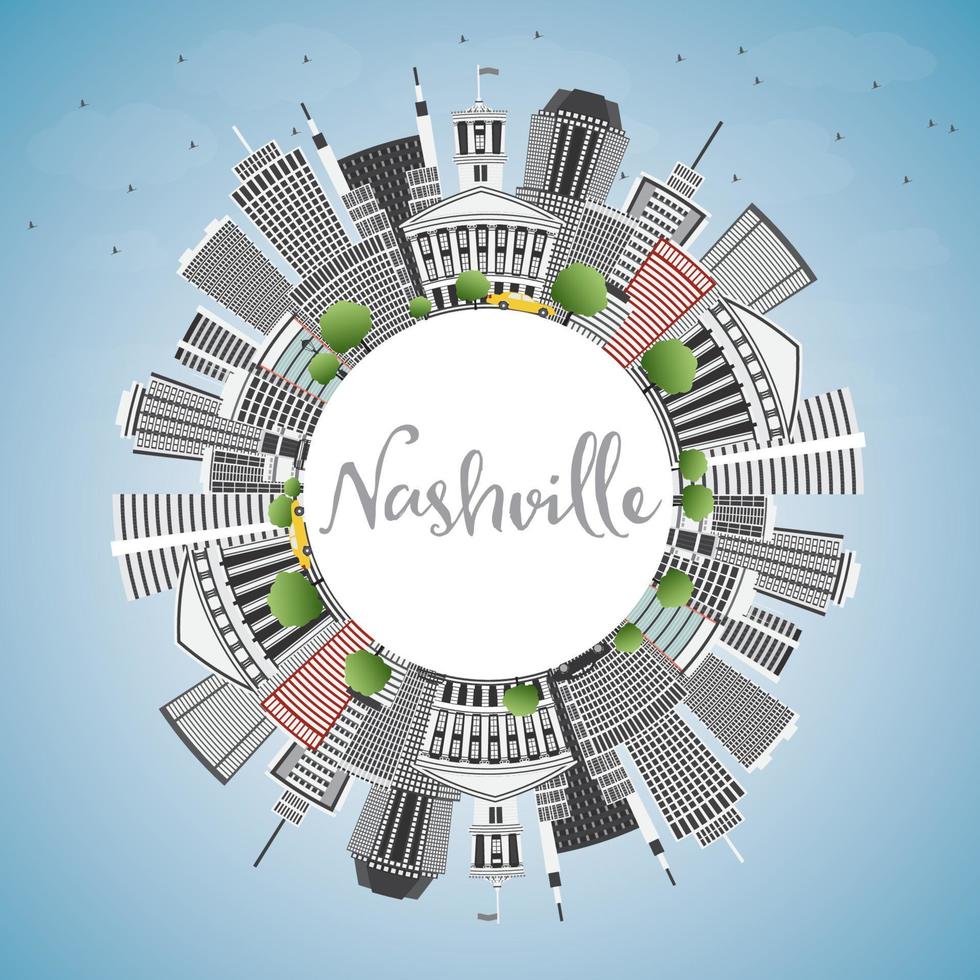 Nashville Skyline with Gray Buildings, Blue Sky and Copy Space. vector