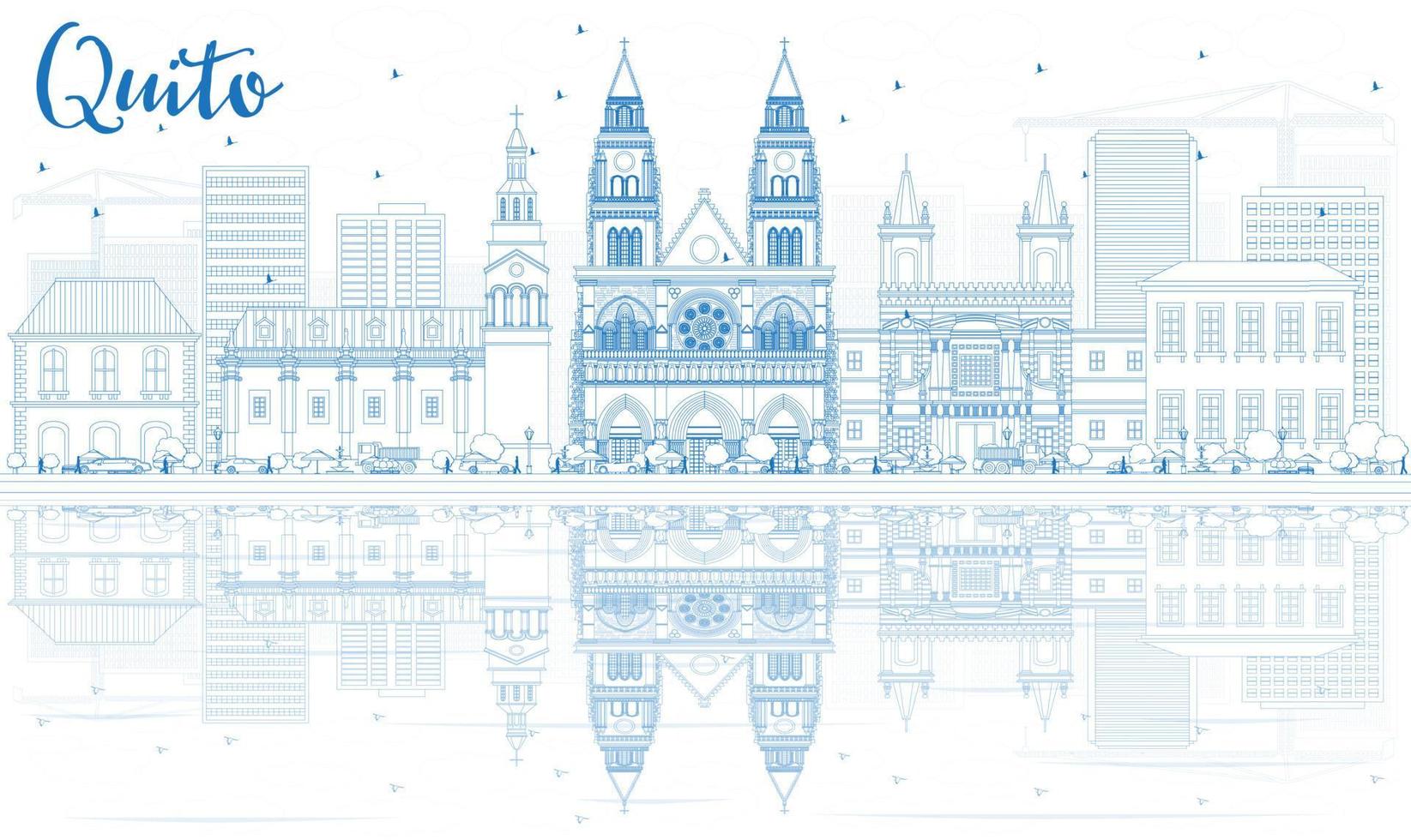 Outline Quito Skyline with Blue Buildings and Reflections. vector
