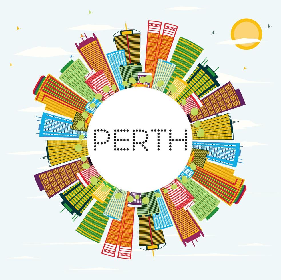 horizonte de perth con edificios de color, cielo azul y espacio de copia. vector