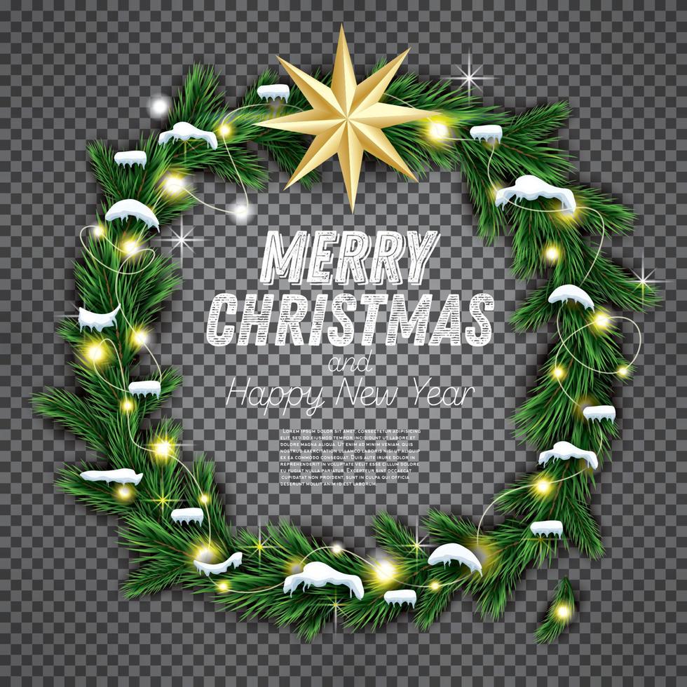 Christmas Wreath with Green Fir Branch, Light Garland and Golden Star on Transparent Background. vector