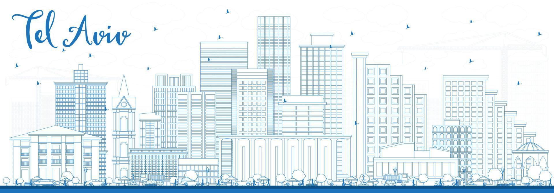 Outline Tel Aviv Skyline with Blue Buildings. vector