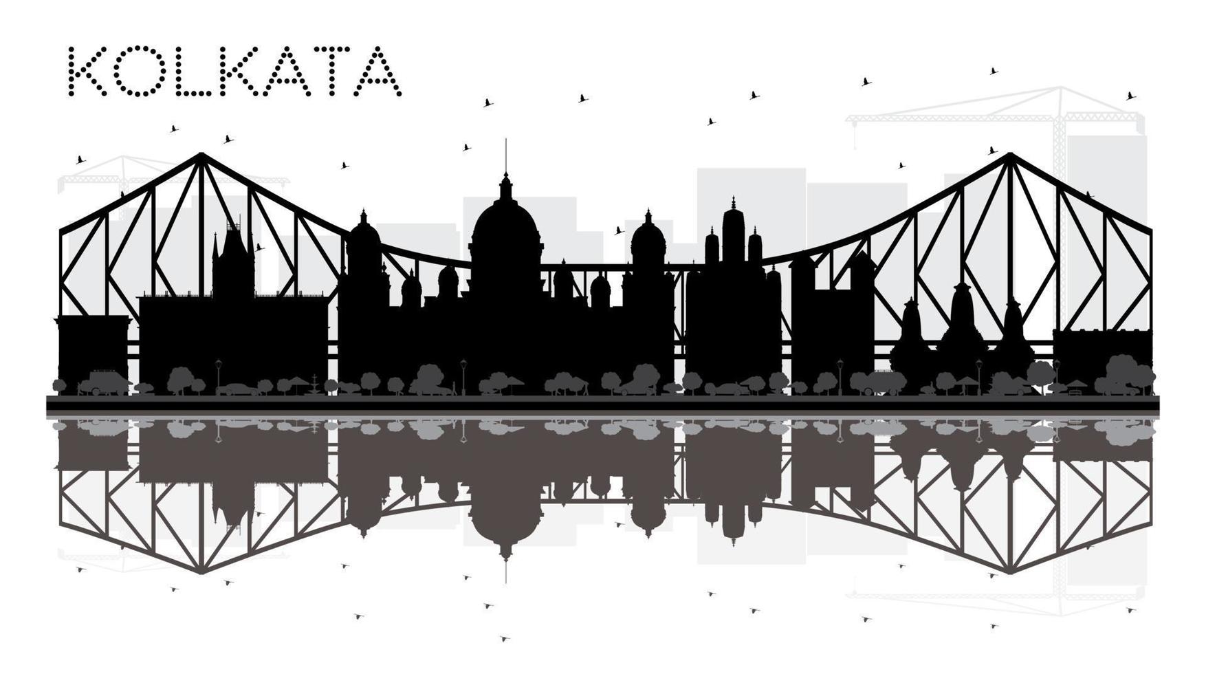 Kolkata City skyline black and white silhouette with reflections. vector