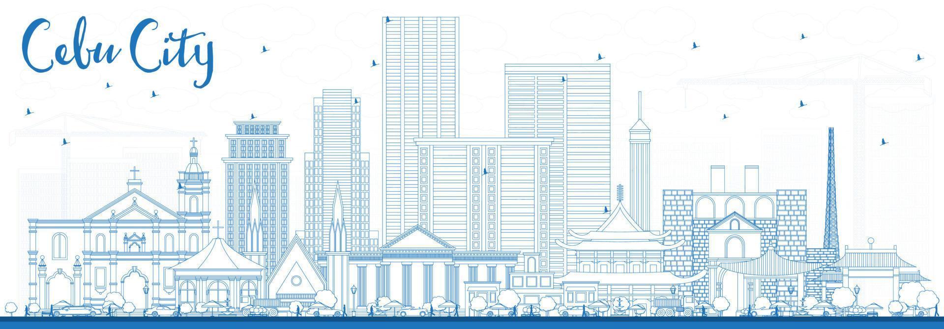 Outline Cebu City Philippines Skyline with Blue Buildings. vector