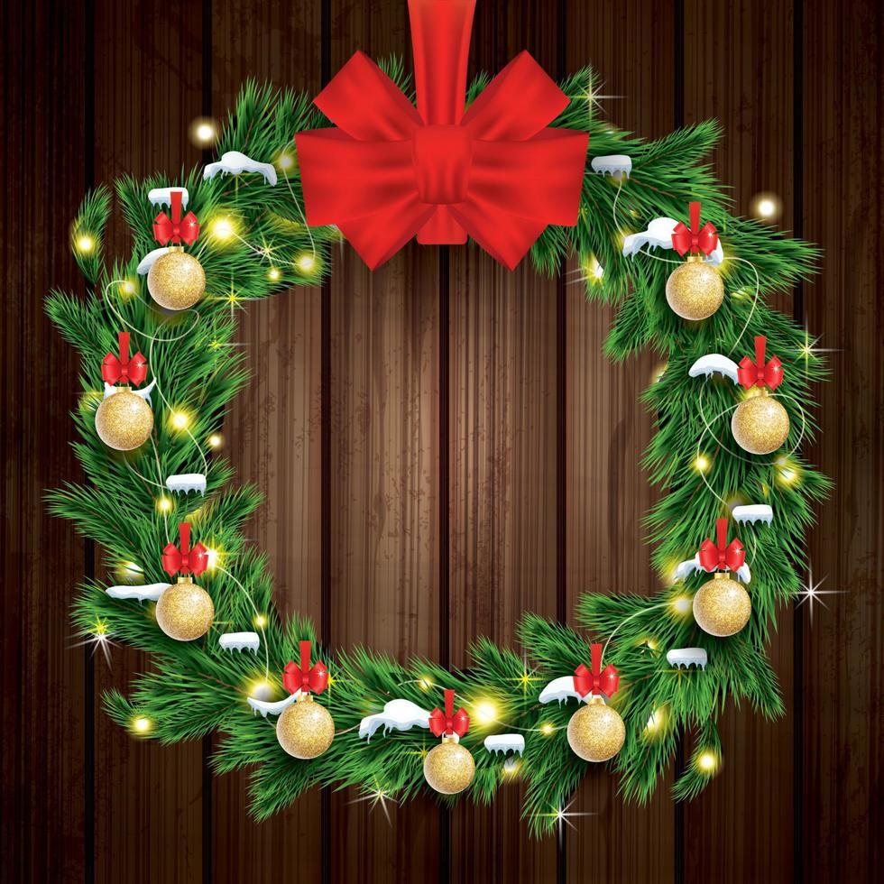 Christmas Wreath with Green Fir Branch, Light Garland and Red Bow on Wooden Background. vector