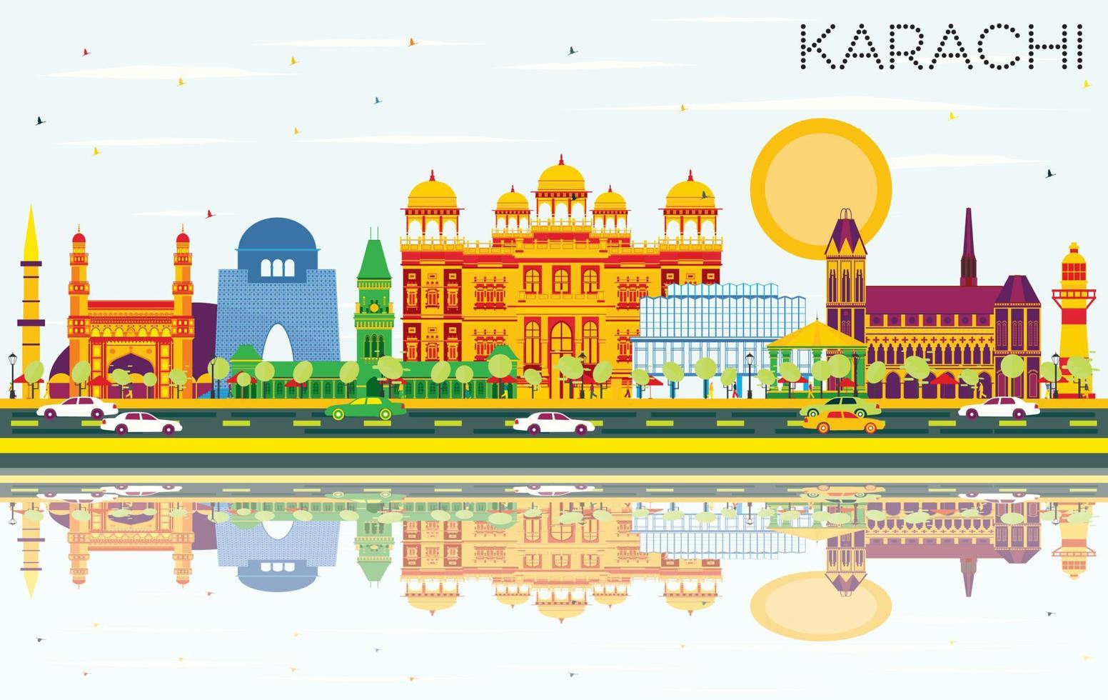 horizonte de karachi con puntos de referencia de color, cielo azul y reflejos. vector