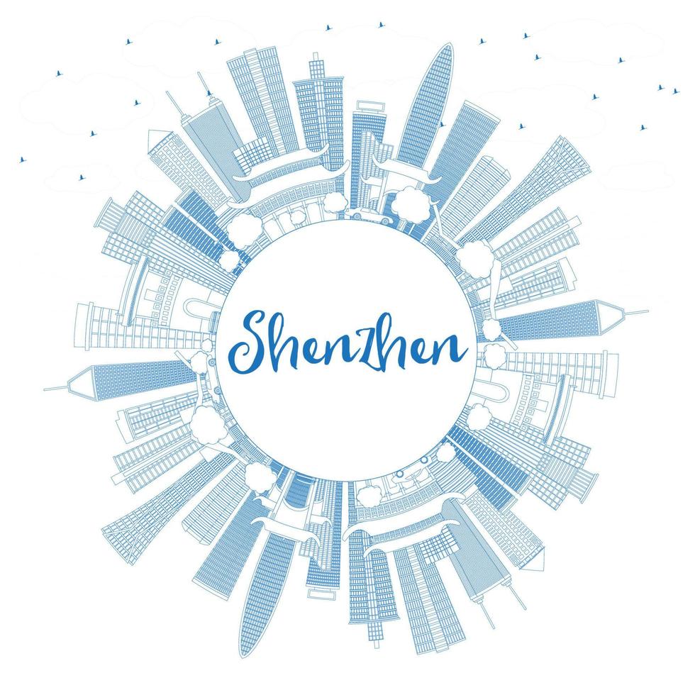 delinee el horizonte de shenzhen con edificios azules y copie el espacio. vector