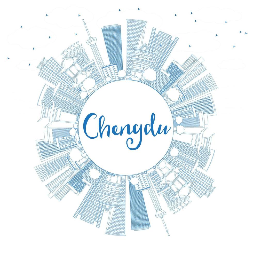 Outline Chengdu Skyline with Blue Buildings and Copy Space. vector