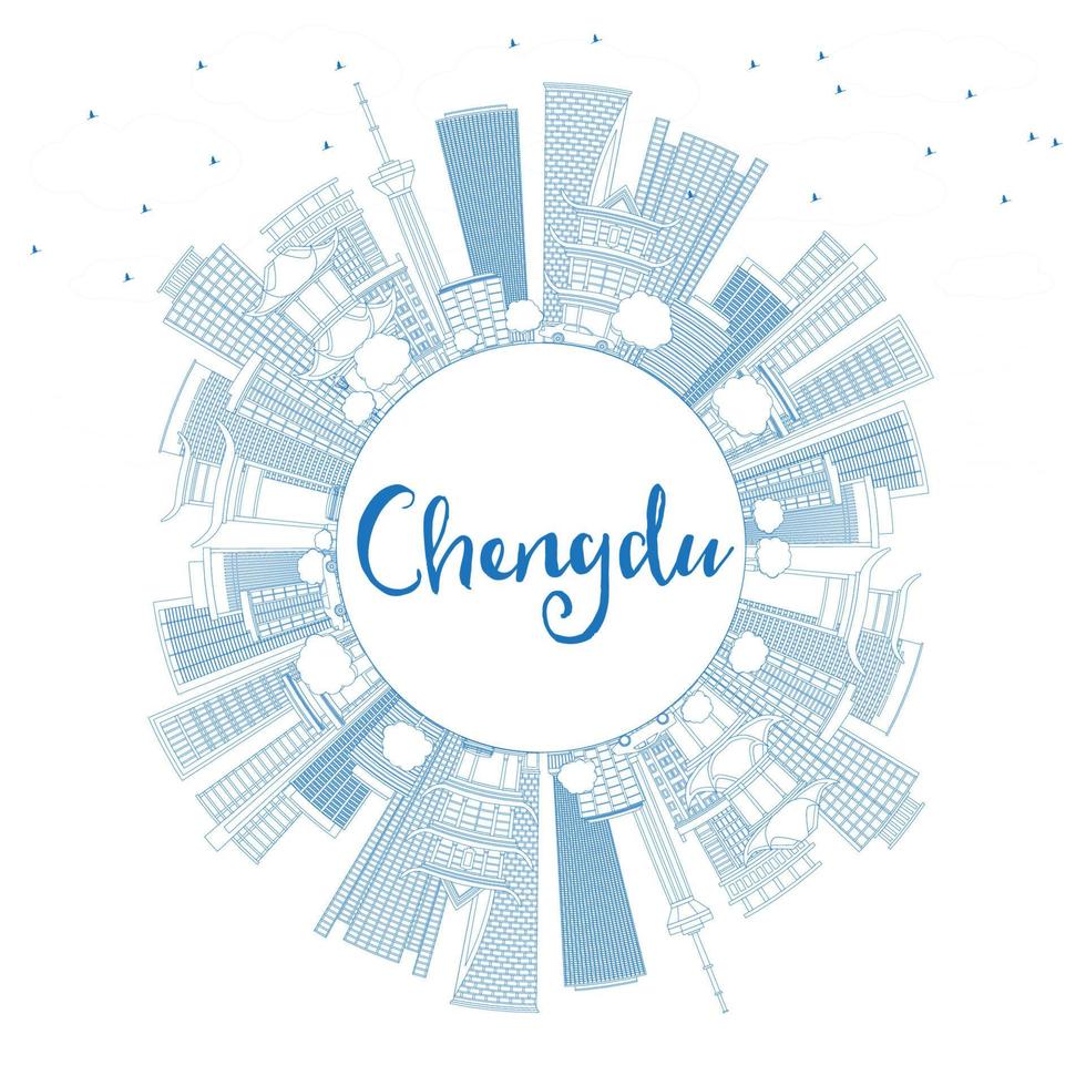 Outline Chengdu Skyline with Blue Buildings and Copy Space. vector