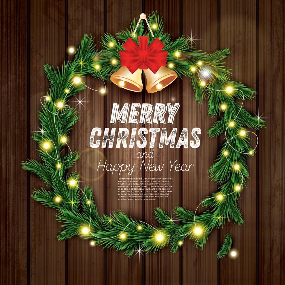 Christmas Wreath with Green Fir Branch, Light Garland, Red Bow and Golden Bells on Wooden Background. vector