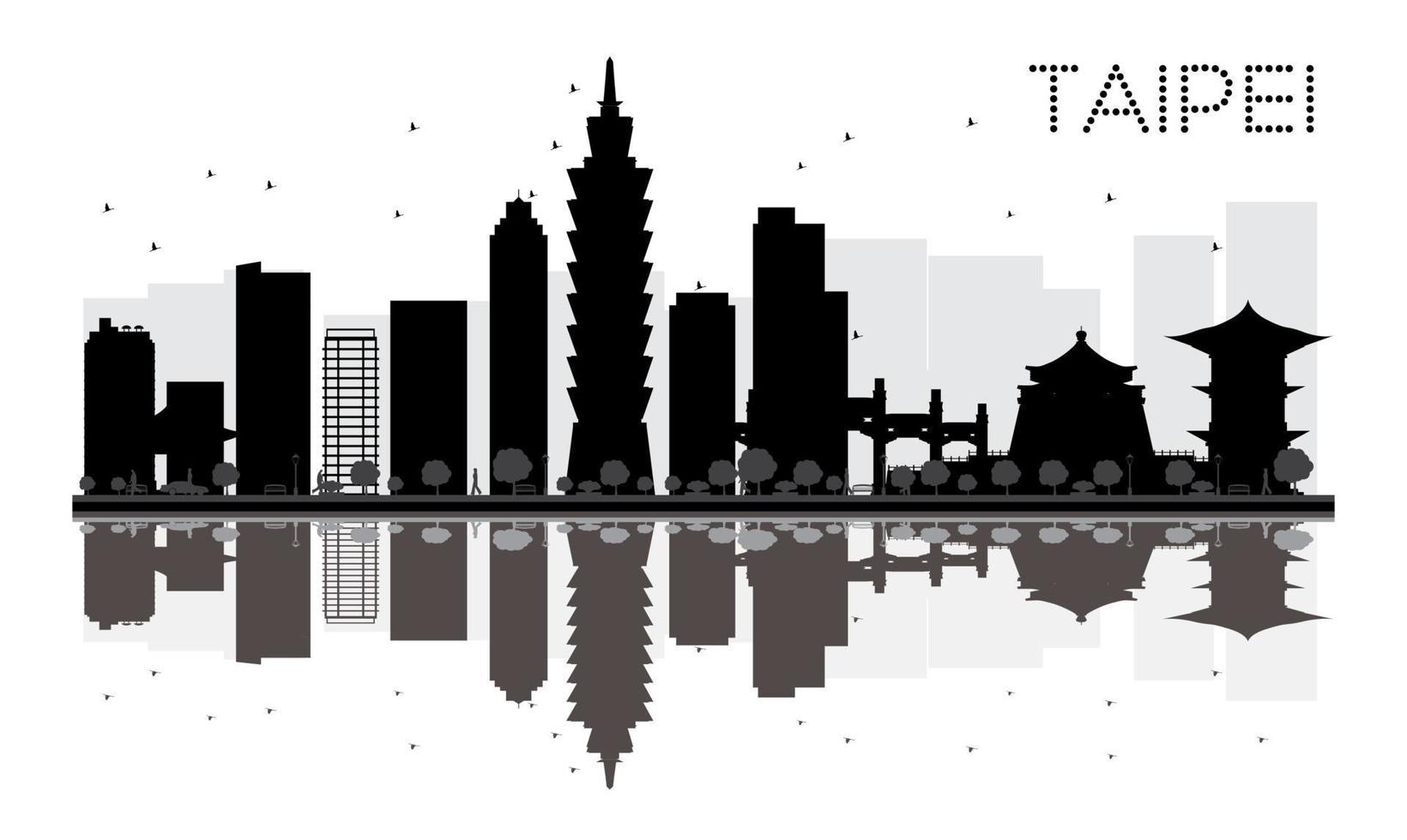 silueta en blanco y negro del horizonte de la ciudad de taipei con reflejos. vector