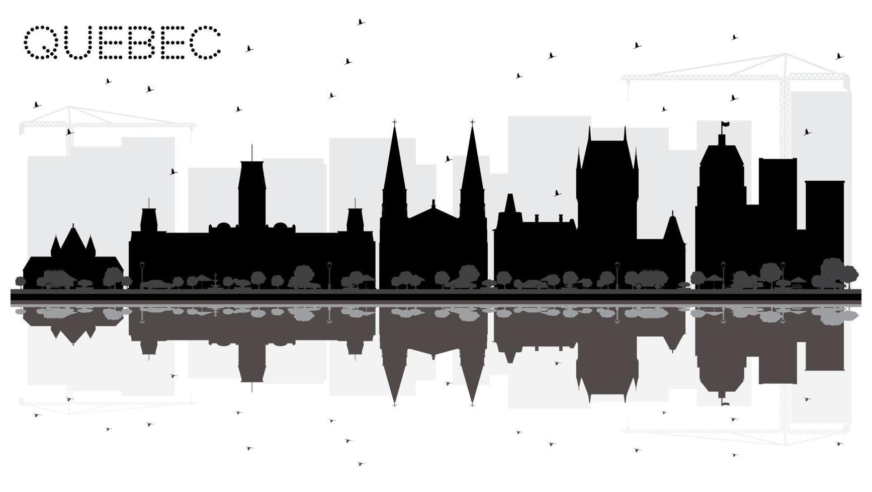 silueta en blanco y negro del horizonte de la ciudad de quebec, canadá, con reflejos. vector