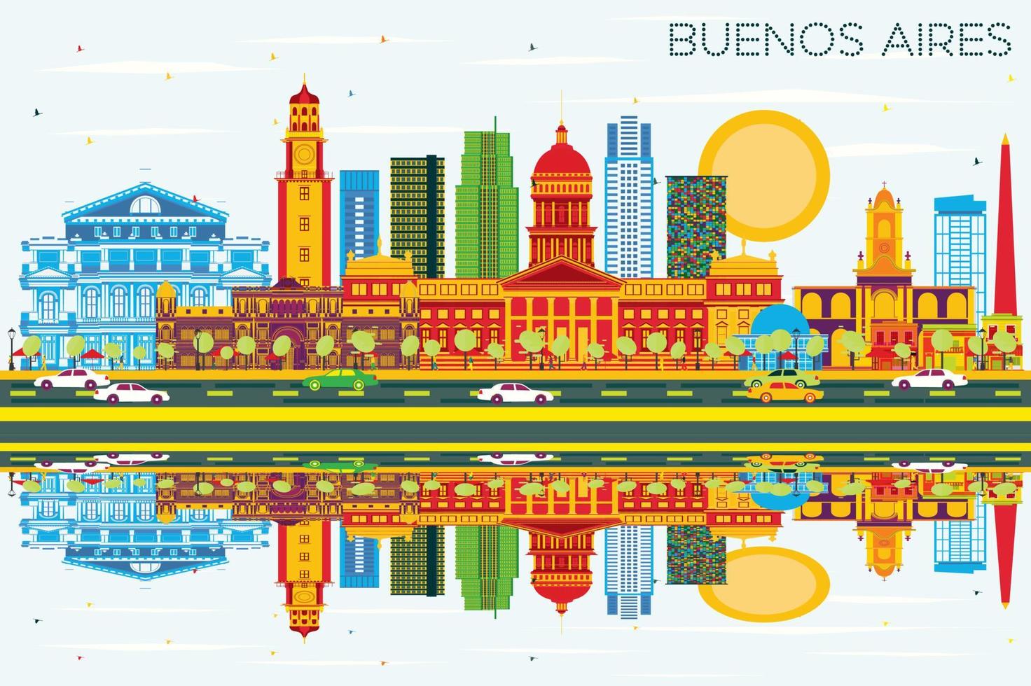 horizonte de buenos aires con puntos de referencia de color, cielo azul y reflejos. vector