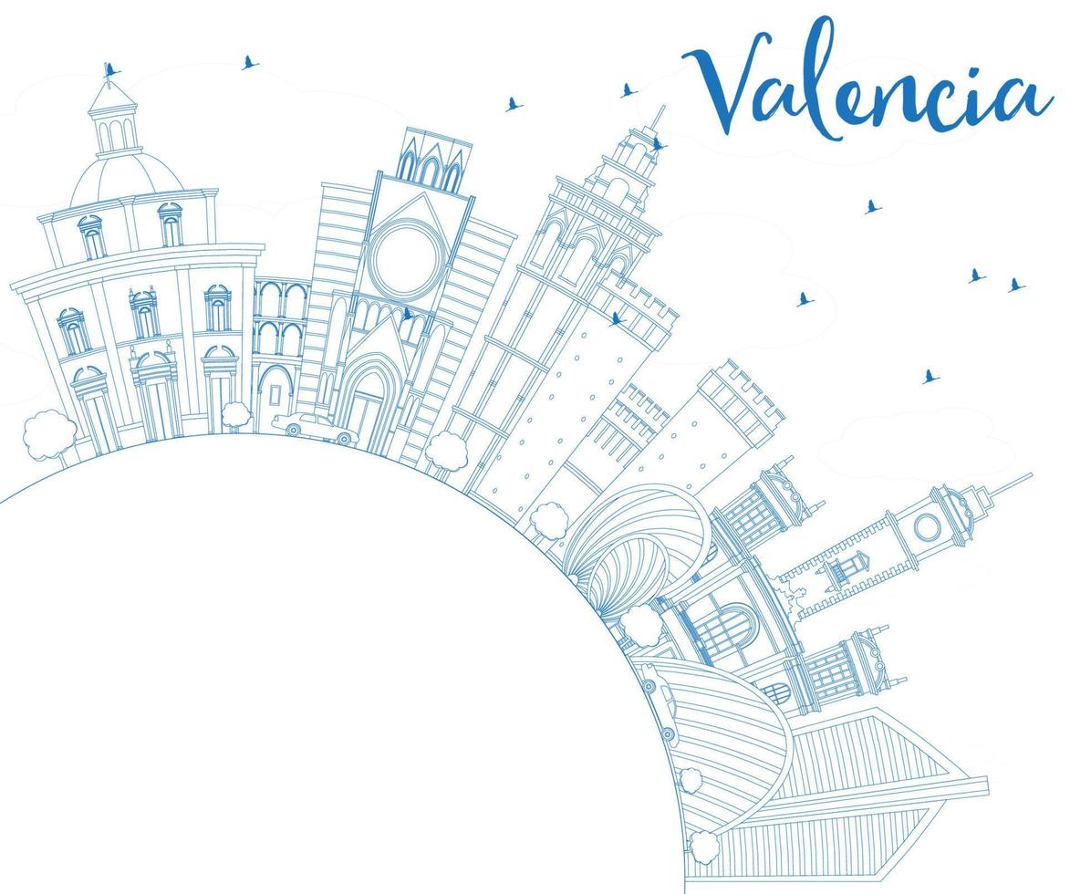 Outline Valencia Skyline with Blue Buildings and Copy Space. vector