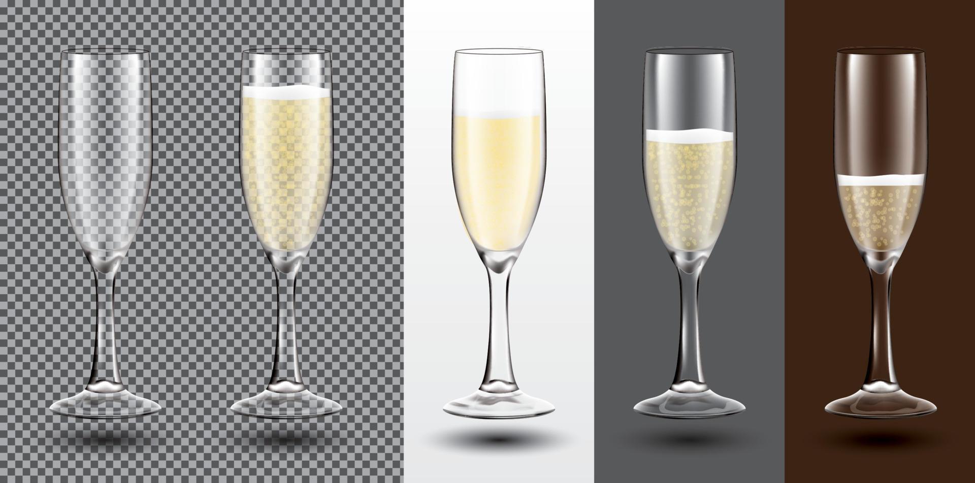 Champagne Glass Set on Different Backgrounds. Transparent. Vector Illustration.