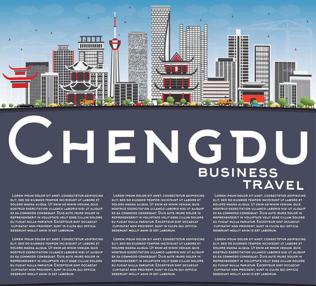 Chengdu Skyline with Gray Buildings, Blue Sky and Copy Space. vector