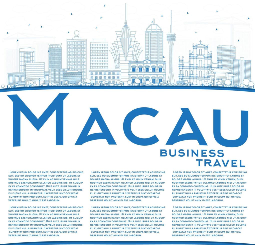 Outline Macau Skyline with Blue Buildings and Copy Space. vector