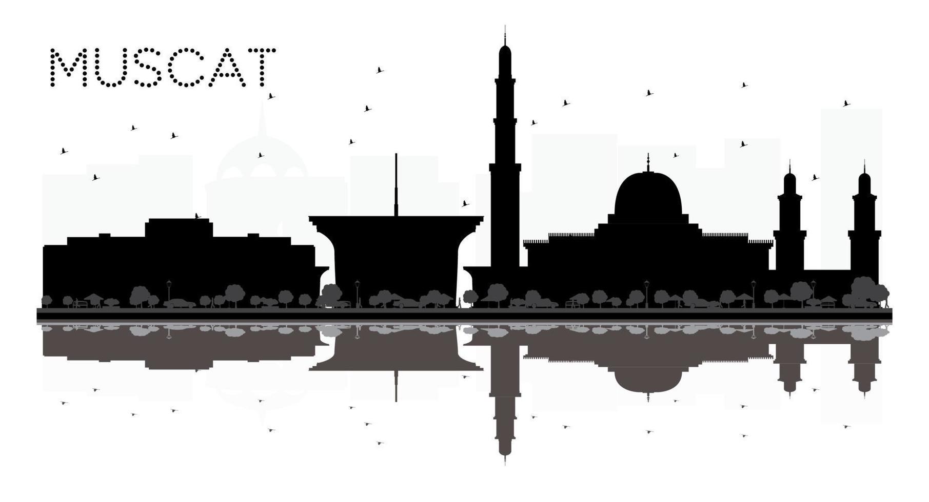Muscat City skyline black and white silhouette with reflections. vector