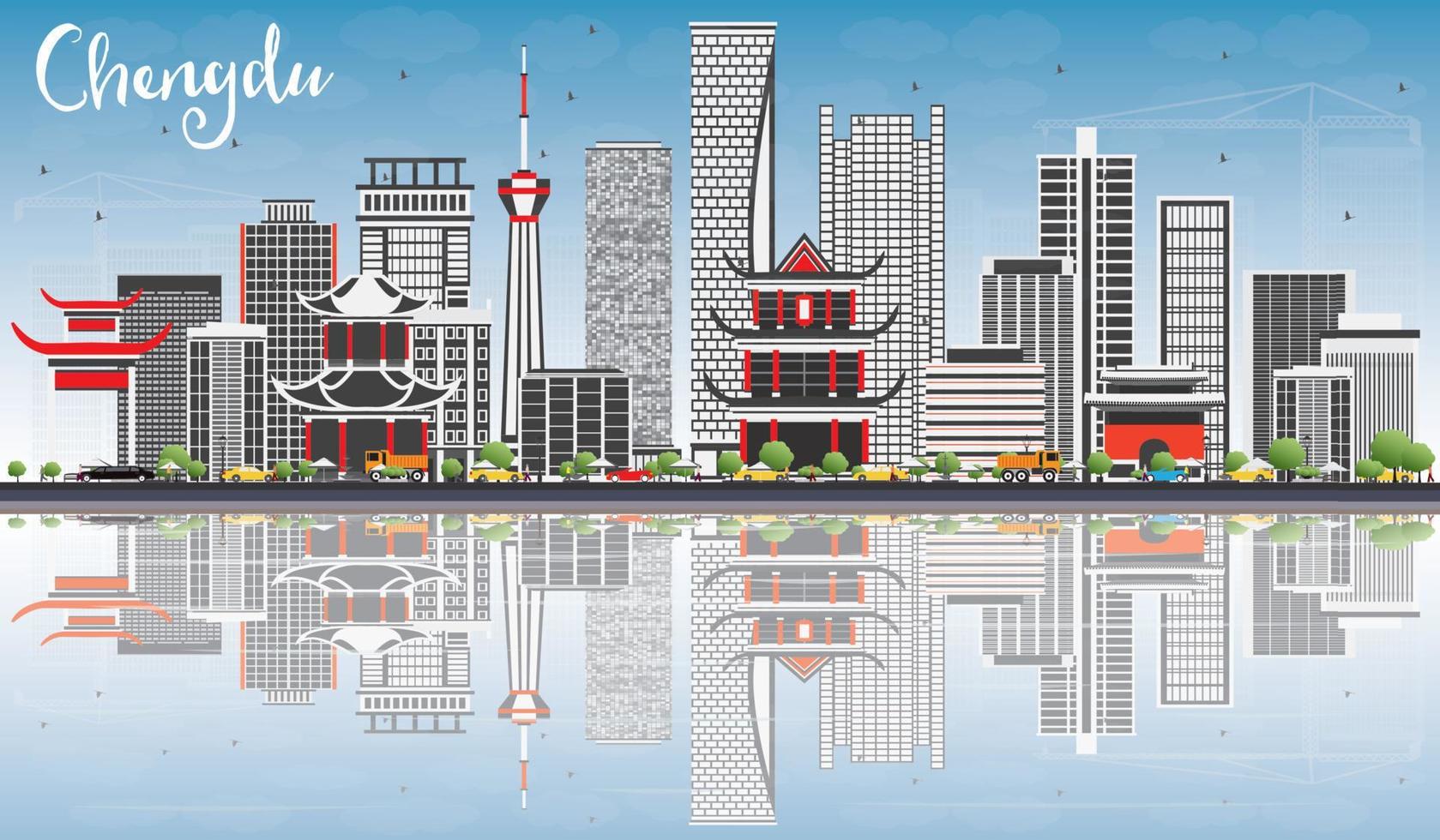 horizonte de chengdu con edificios grises, cielo azul y reflejos. vector