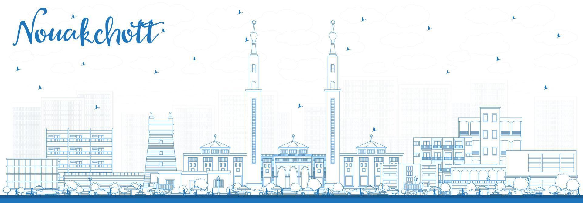 Outline Nouakchott Mauritania Skyline with Blue Buildings. vector