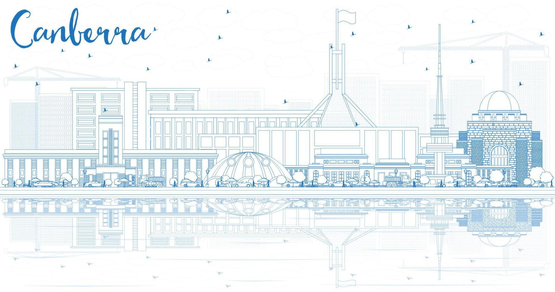 Outline Canberra Skyline with Blue Buildings and Reflections. vector