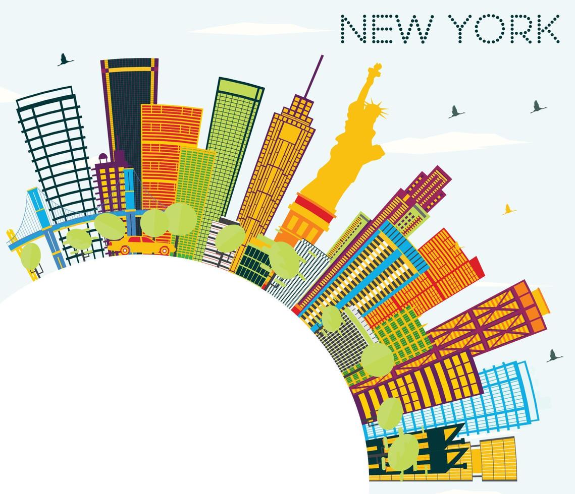 horizonte de nueva york con edificios de color, cielo azul y espacio para copiar. vector