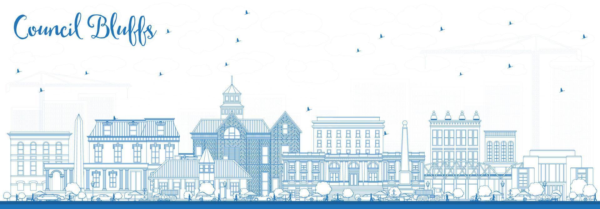 Outline Council Bluffs Iowa Skyline with Blue Buildings. vector