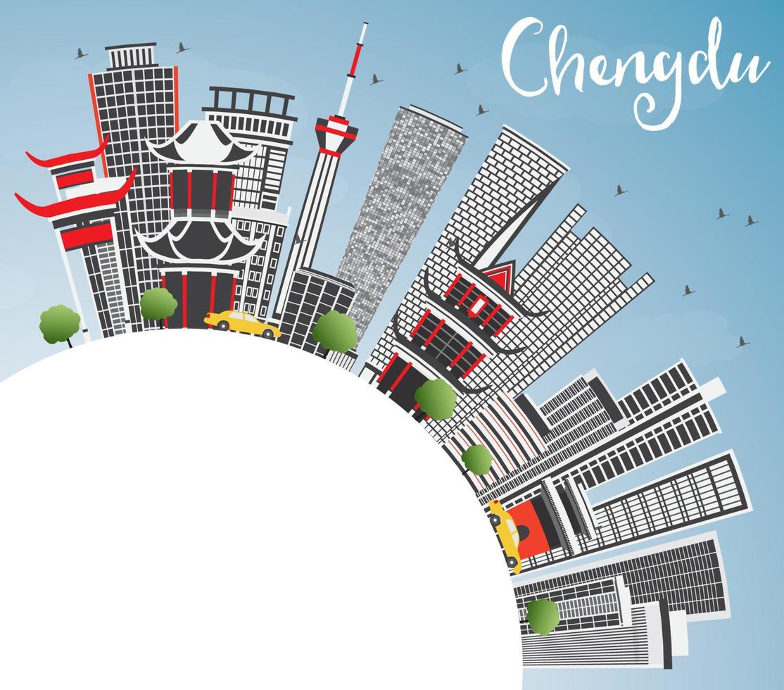 horizonte de chengdu con edificios grises, cielo azul y espacio para copiar. vector