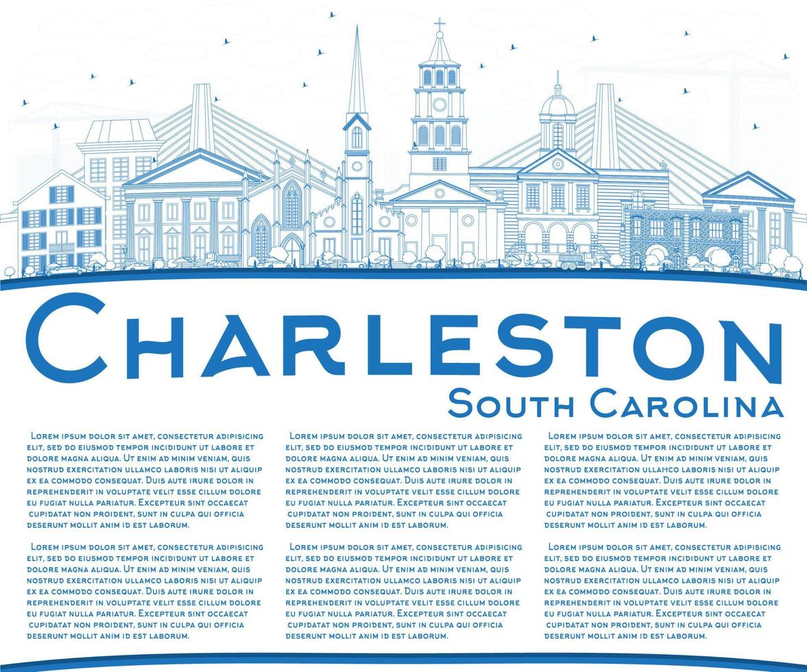 Outline Charleston South Carolina Skyline with Blue Buildings and Copy Space. vector