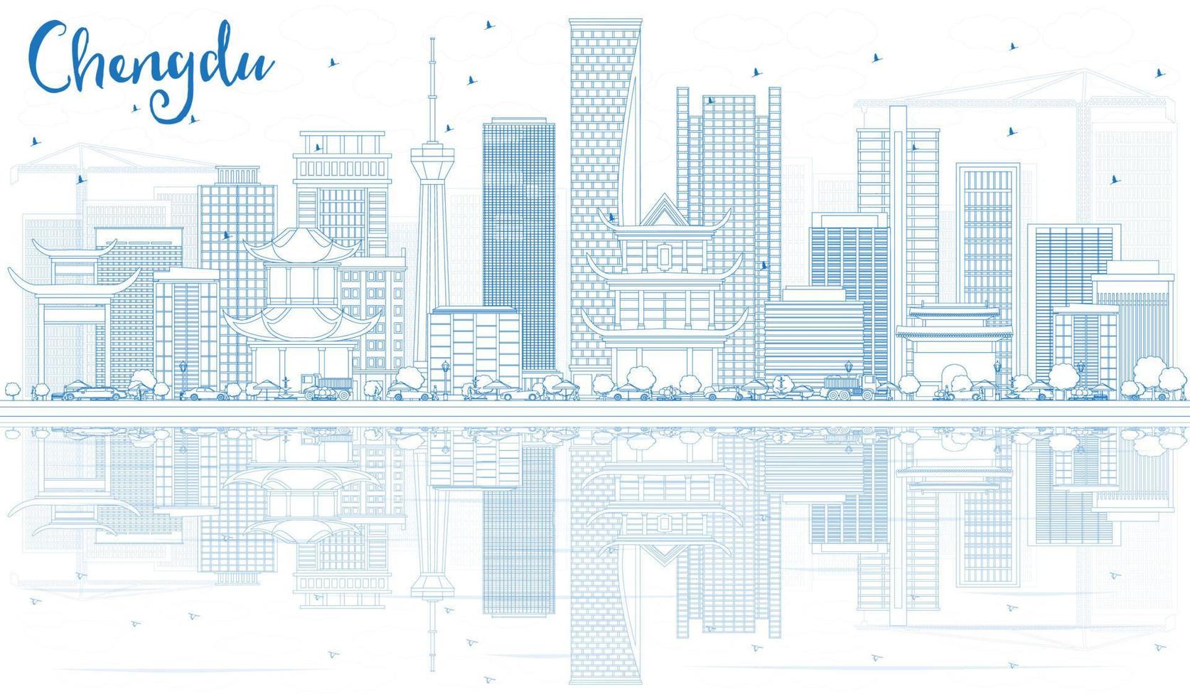 Outline Chengdu Skyline with Blue Buildings and Reflections. vector