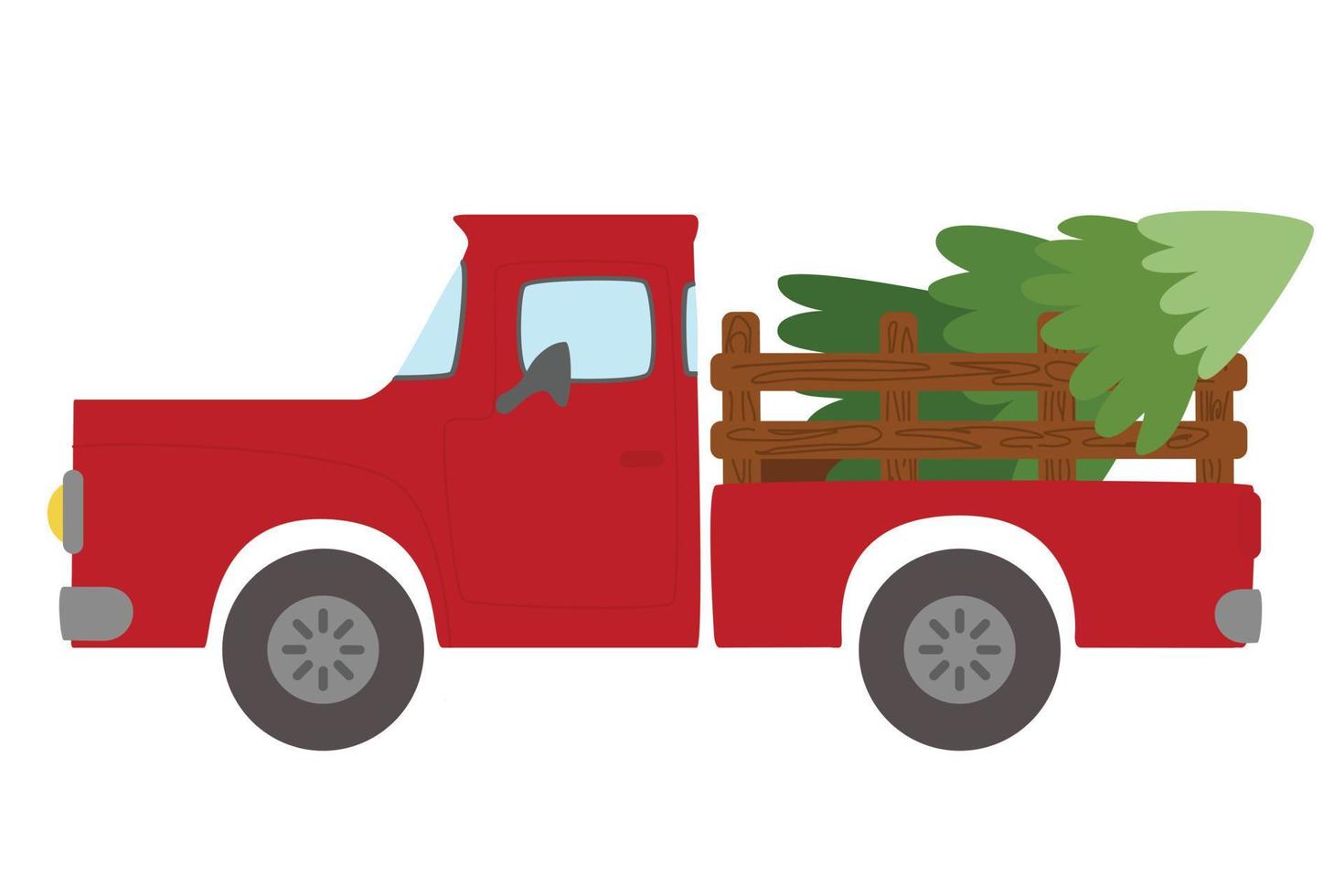 Red truck carrying a Christmas tree. Vector illustration isolated on white background.