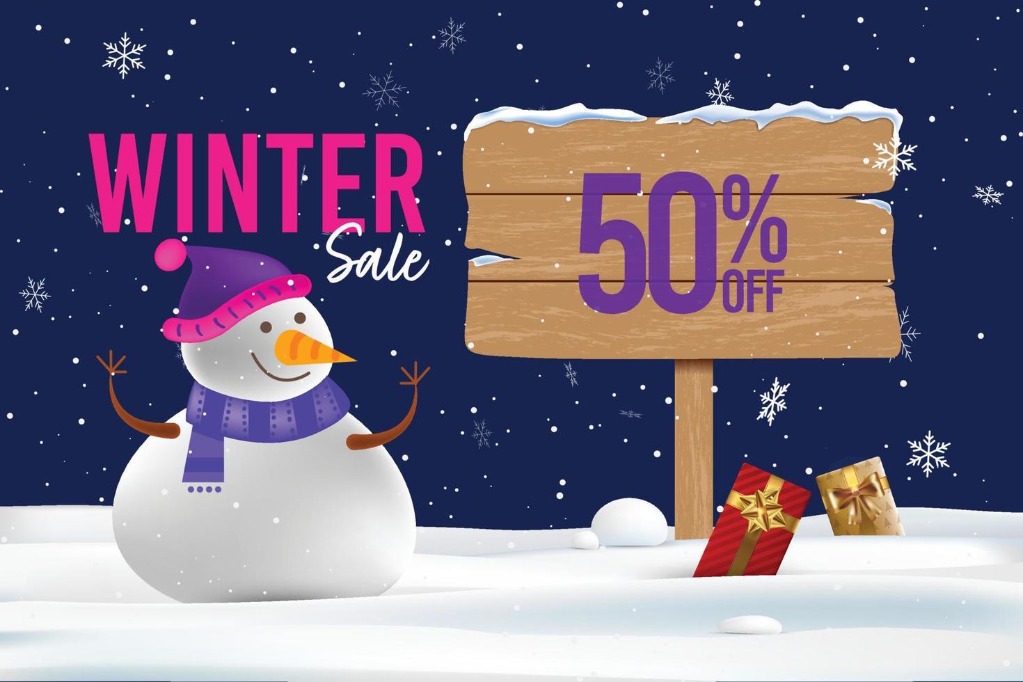 Winter sale banner template. offer written on wooden board with happy snowman in snow background