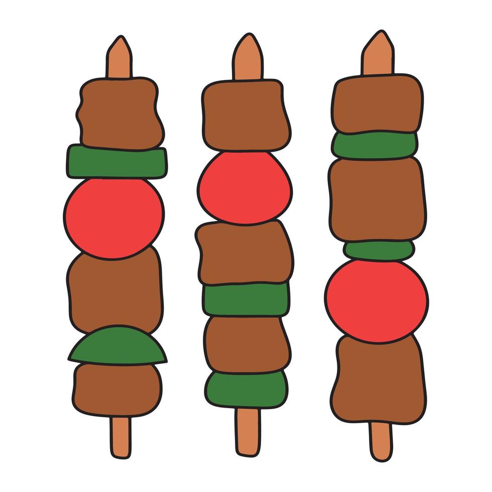 Satay or sate Southeast Asian dish of seasoned, skewered and grilled meat. Simple hand drawn doodle of meat and vegetables on sticks. Contour drawing of chicken skewers. Traditional Asian food cuisine vector
