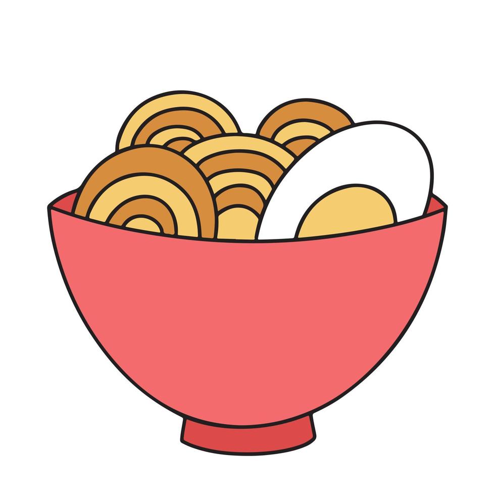 sopa de fideos ramen con huevo en un tazón de cerámica. plato de comida asiática tradicional. garabato colorido dibujado a mano con contorno. ilustración vectorial aislado sobre fondo blanco vector