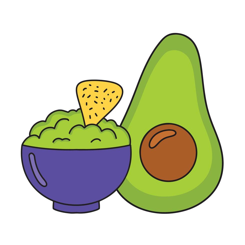 Guacamole with nachos - traditional Mexican latin american avocado sauce. Ceramic bowl with guacamole snack, tortilla chips and avocado. Vector illustration in cartoon flat style with outline.