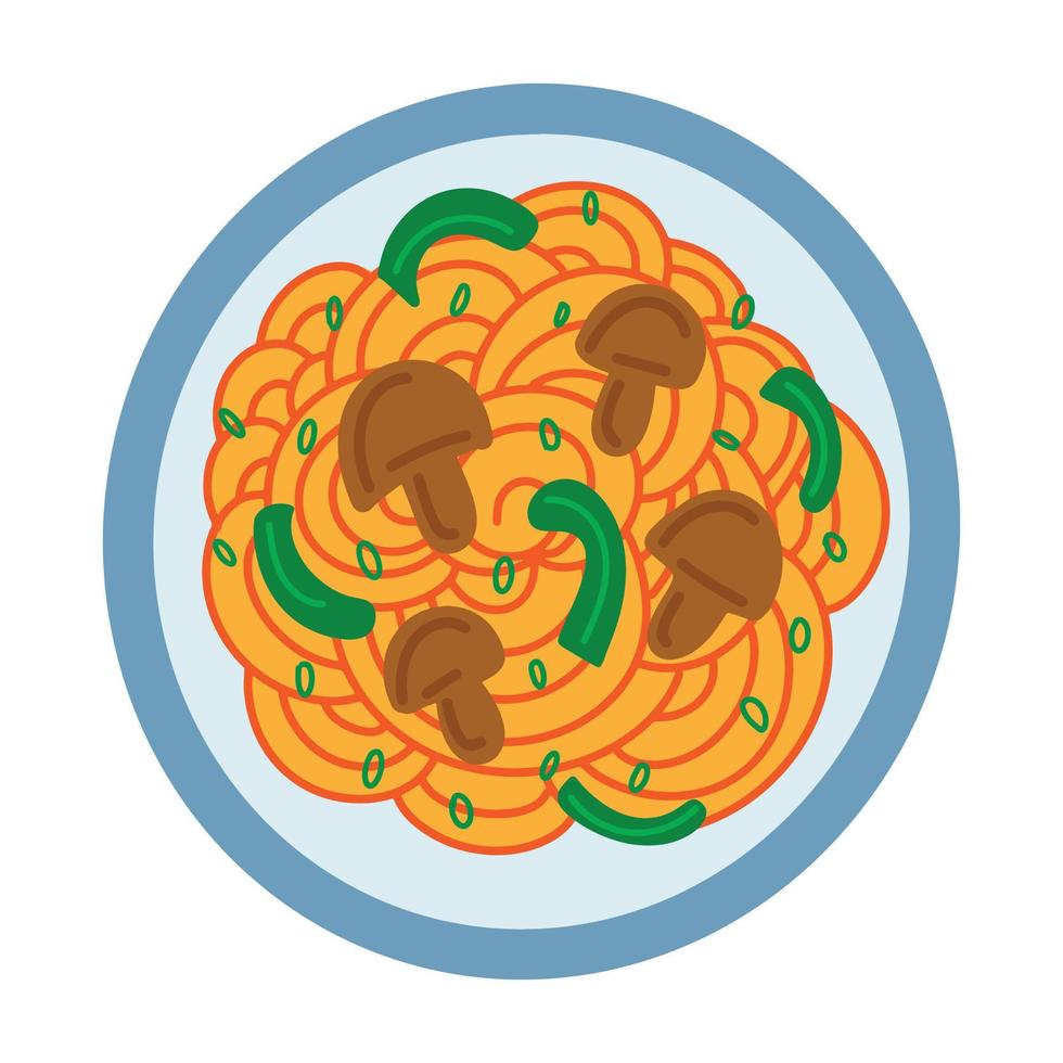 Spaghetti Napolitan - Japanese yoshoku ketchup pasta dish.  Simple hand drawn doodle vector illustration. Asian food plate top view
