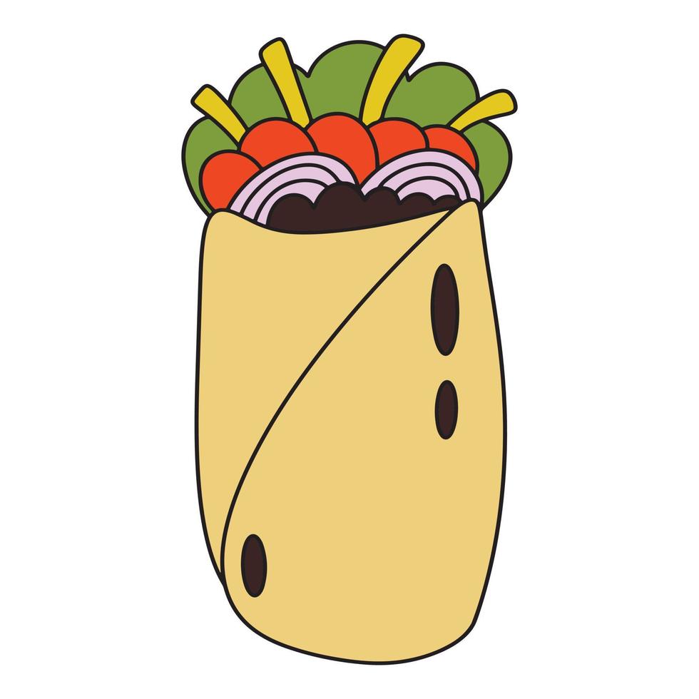 burrito simple dibujado a mano ilustración de vector de garabato aislado sobre fondo blanco. platillo mexicano comida latinoamericana. dibujo de línea de contorno