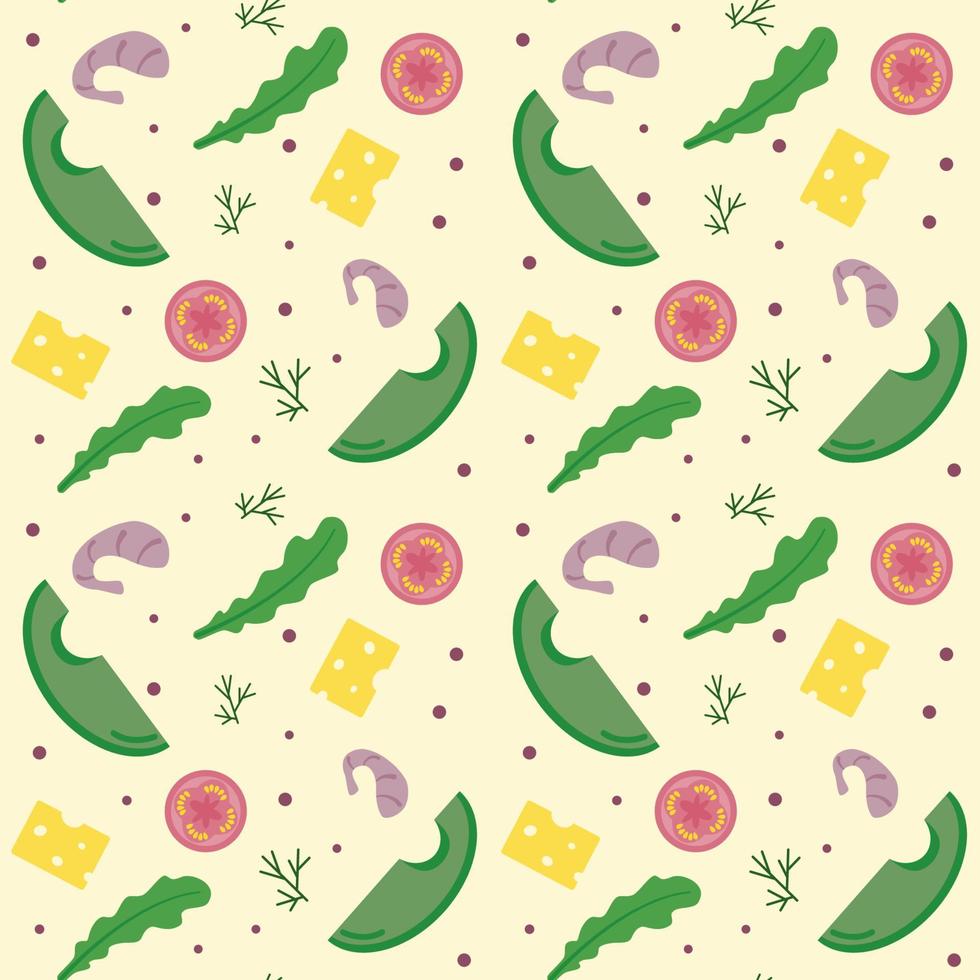 Seamless background with tomatoes, ovocado, cheese, shrimp and dill on a light yellow background. Flat style. Vector texture of healthy food.