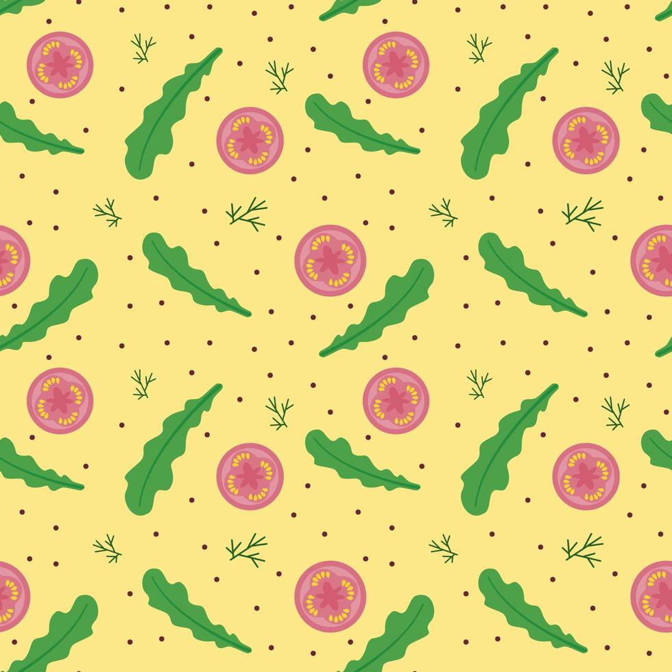 Food background, seamless pattern of arugula and tomatoes. Healthy eating. Vegetarian, vector illustration of a farmer's grocery store, light yellow color.