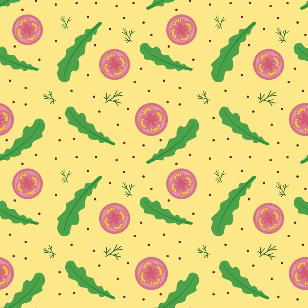 Food background, seamless pattern of arugula and tomatoes. Healthy eating. Vegetarian, vector illustration of a farmer's grocery store, light yellow color.