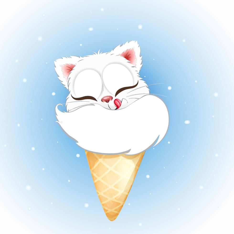 Cute white sleeping cat licking his lips in ice cream cone under winter snowfall vector