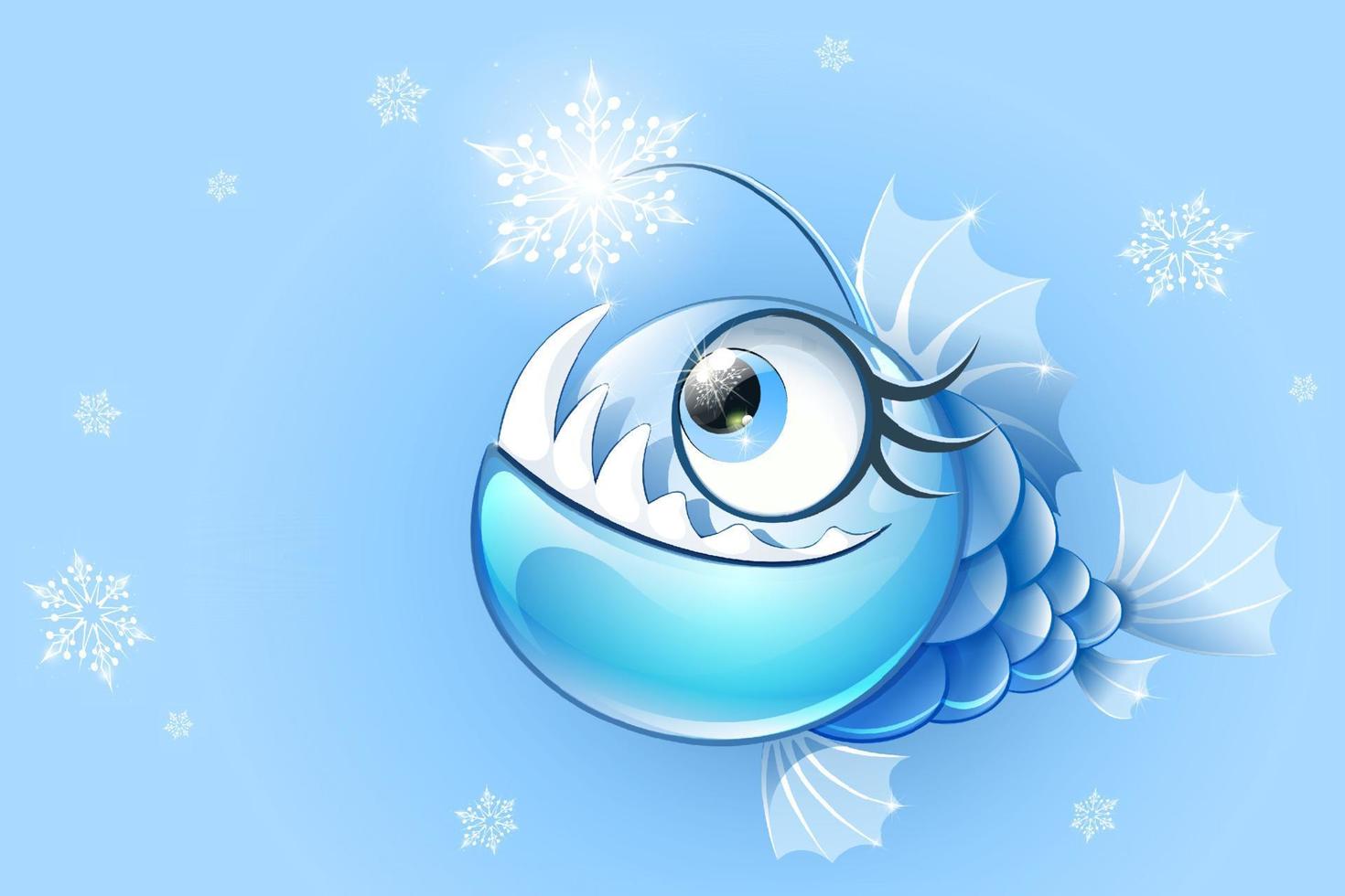 Funny cartoon anglerfish with snowflake lure. Sea animals. Sea fish. Winter, Christmas concept. vector