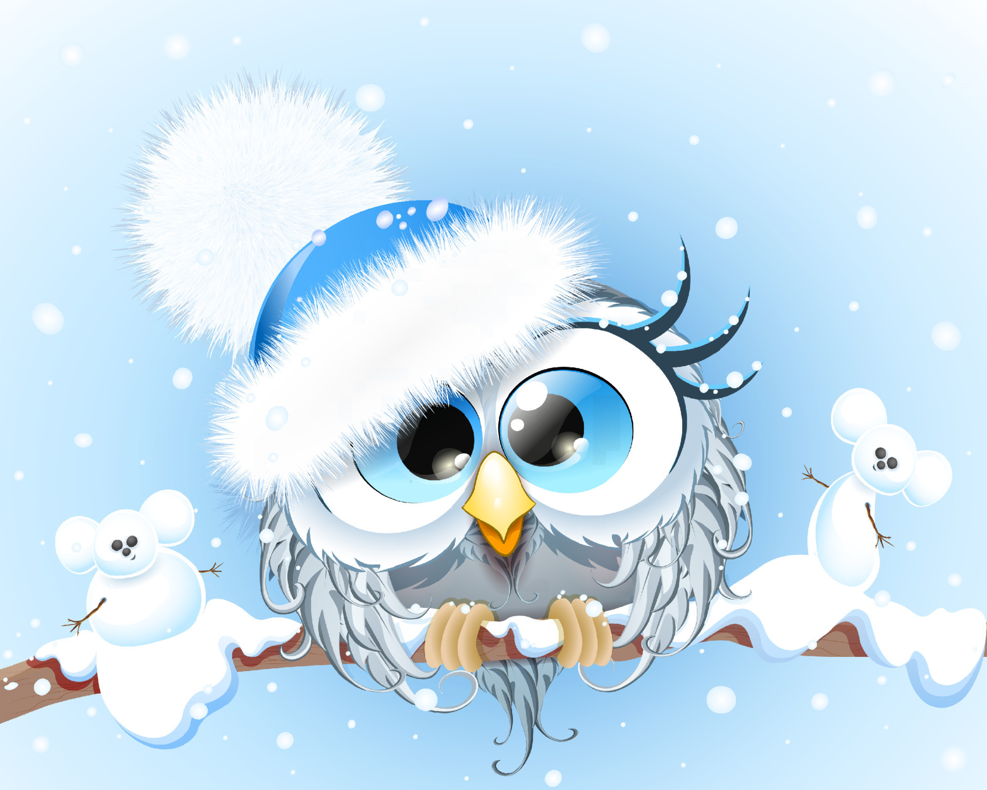 Cute winter girl cartoon Owl in winter blue hat sitting on tree branch  under snowfall with funny mouse snowman's 15334885 Vector Art at Vecteezy