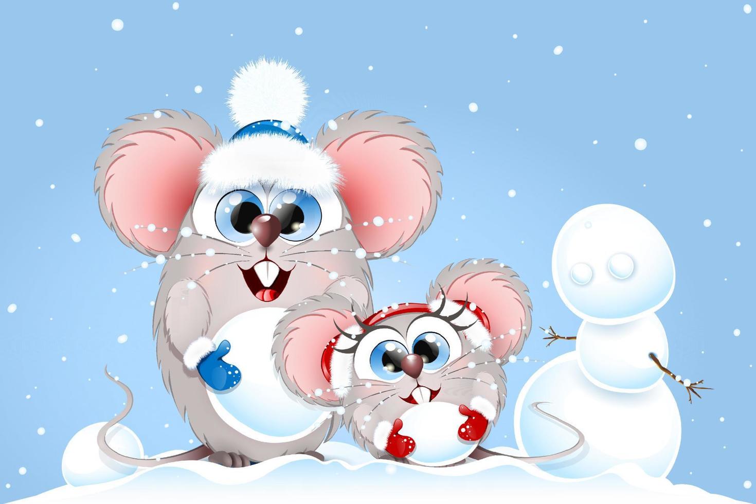 dibujos animados divertidos dos ratones jugando bajo las nevadas de invierno y haciendo muñecos de nieve. vector
