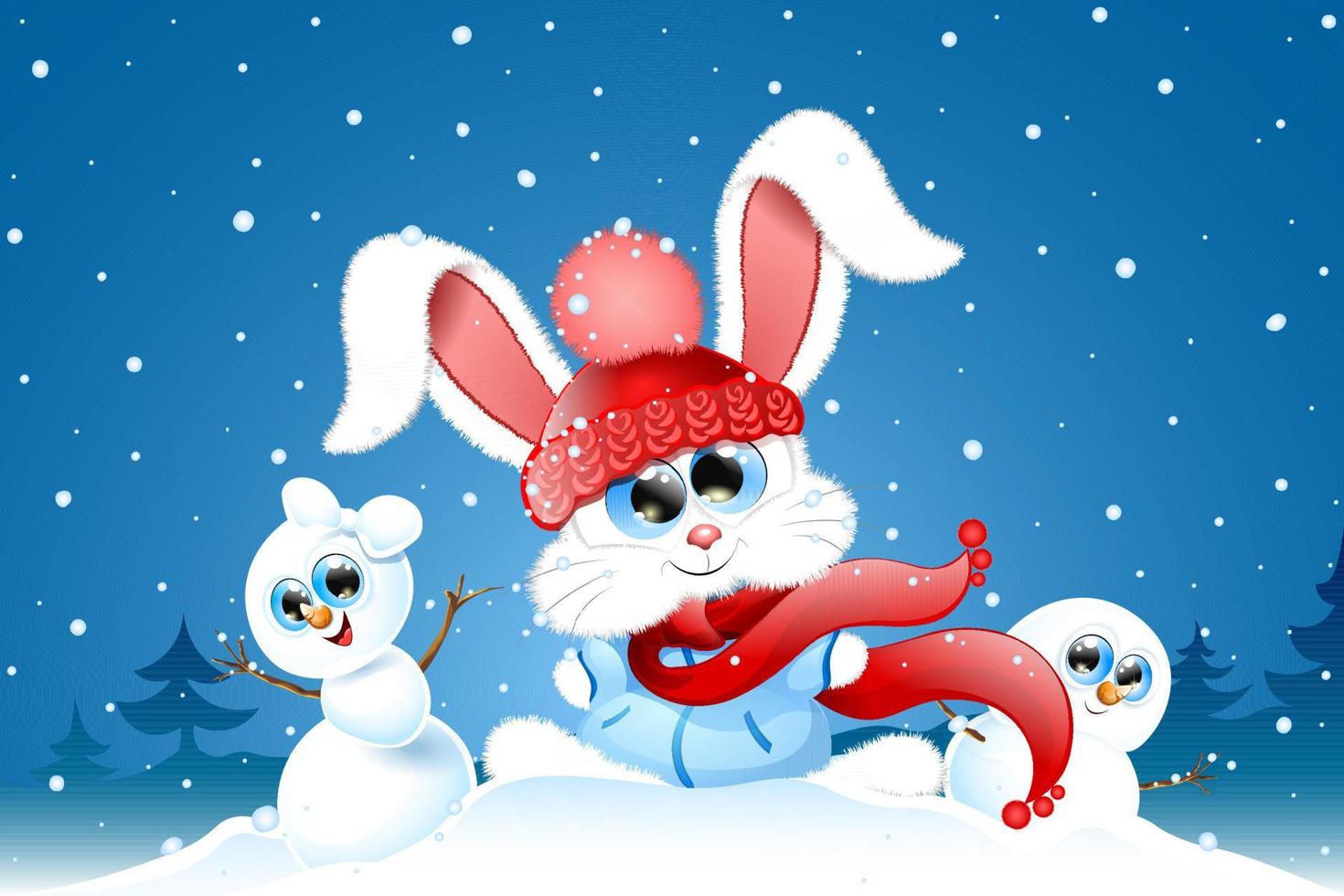 Cute fluffy little cartoon white Bunny in blue hat and scarf with two funny snowman's under winter snowfall vector