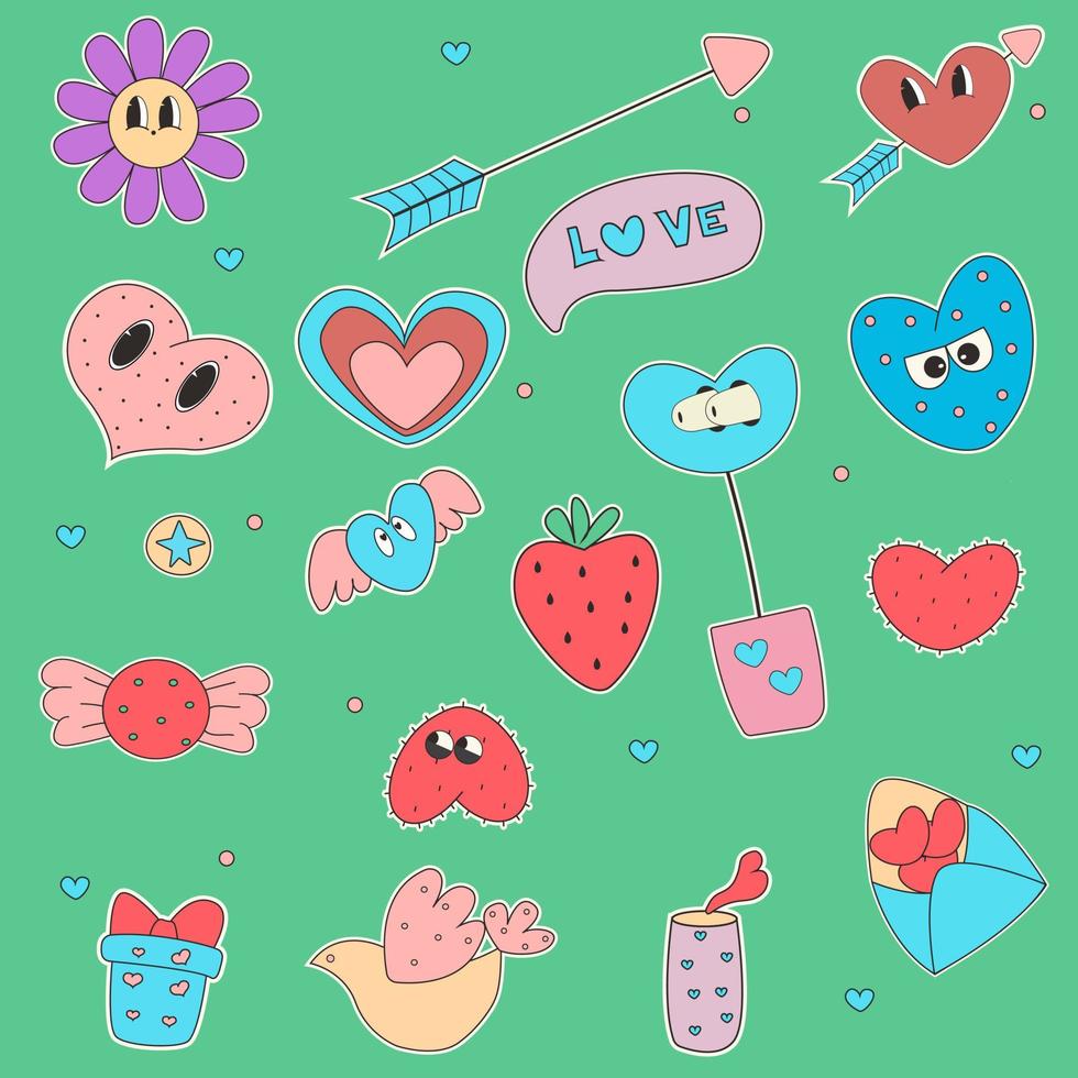 Set of various patches pins stamps or stickers set of vector love icon sticker funny cute comic