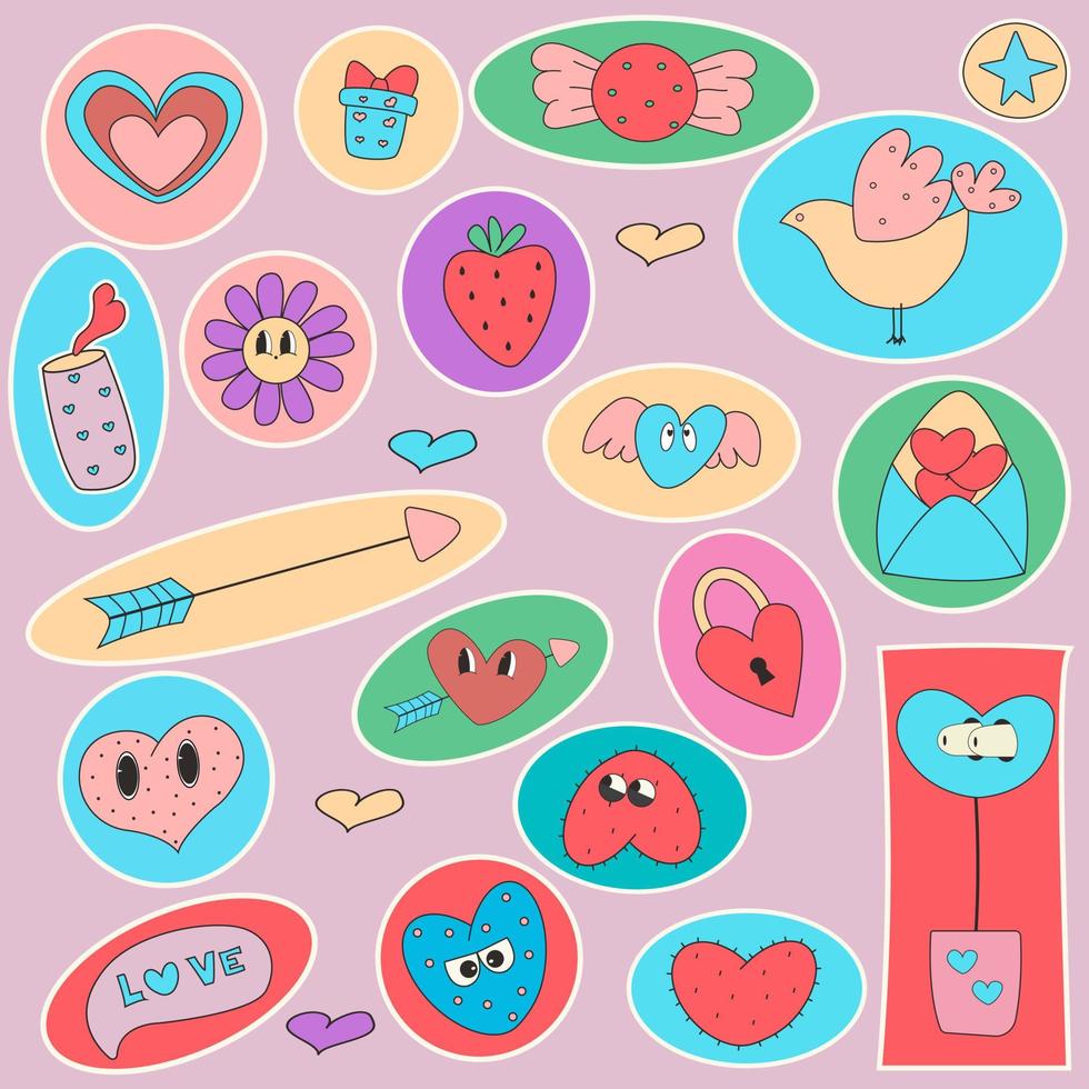 Set of various patches pins stamps or stickers set of vector love icon sticker funny cute comic