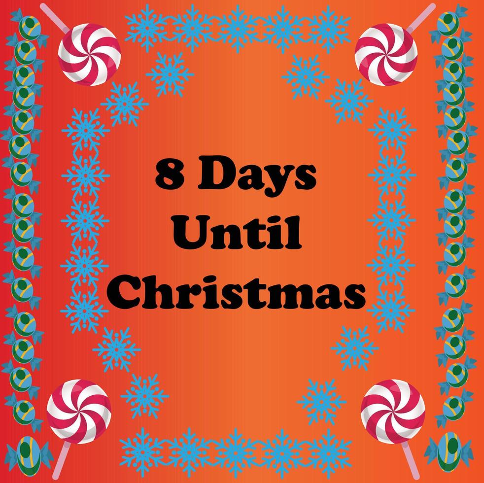 8 días hasta navidad, diseño colorido simple con copos de nieve y dulces vector