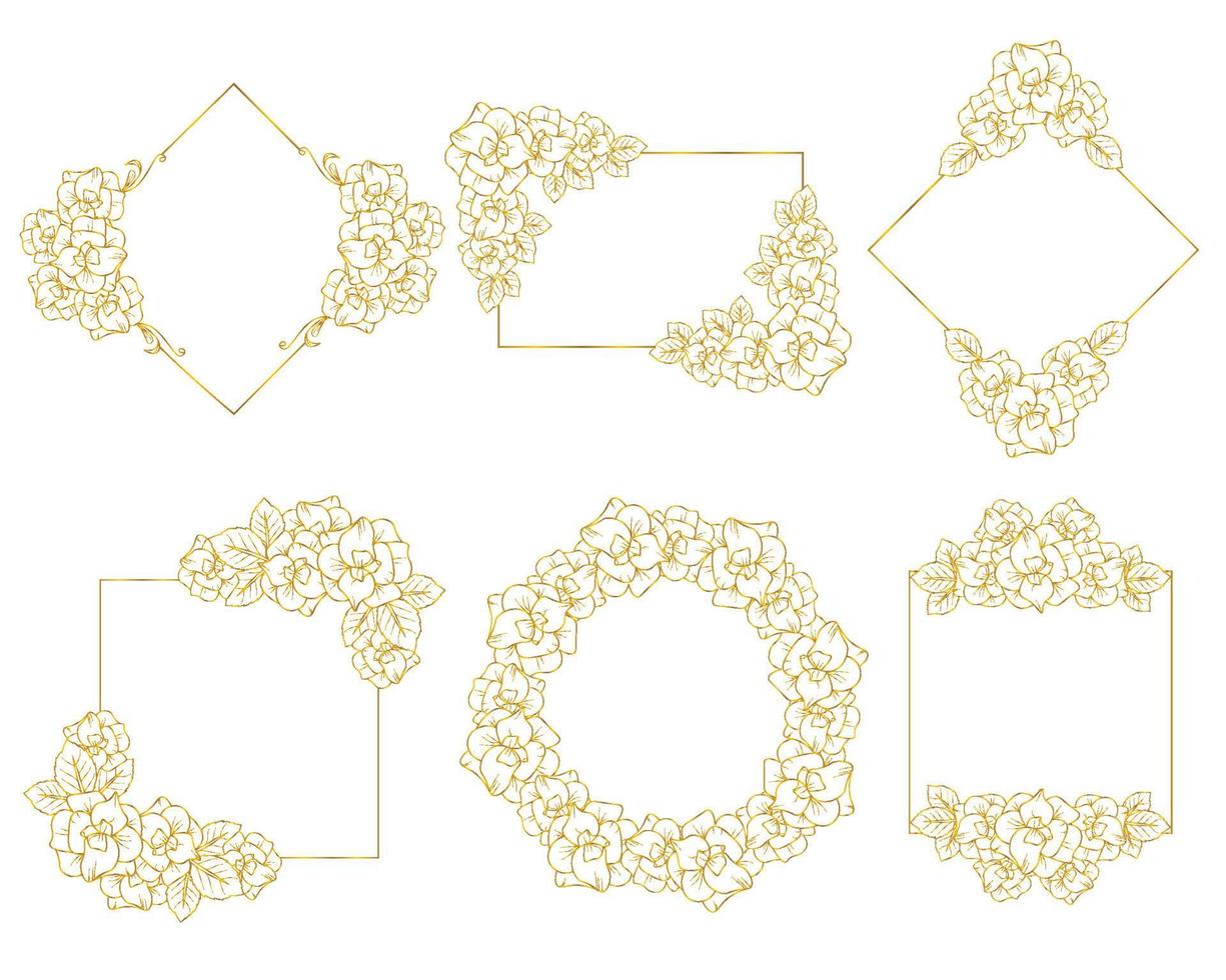 flower wreath element with golden floral frame collection and hand drawn line art illustration vector