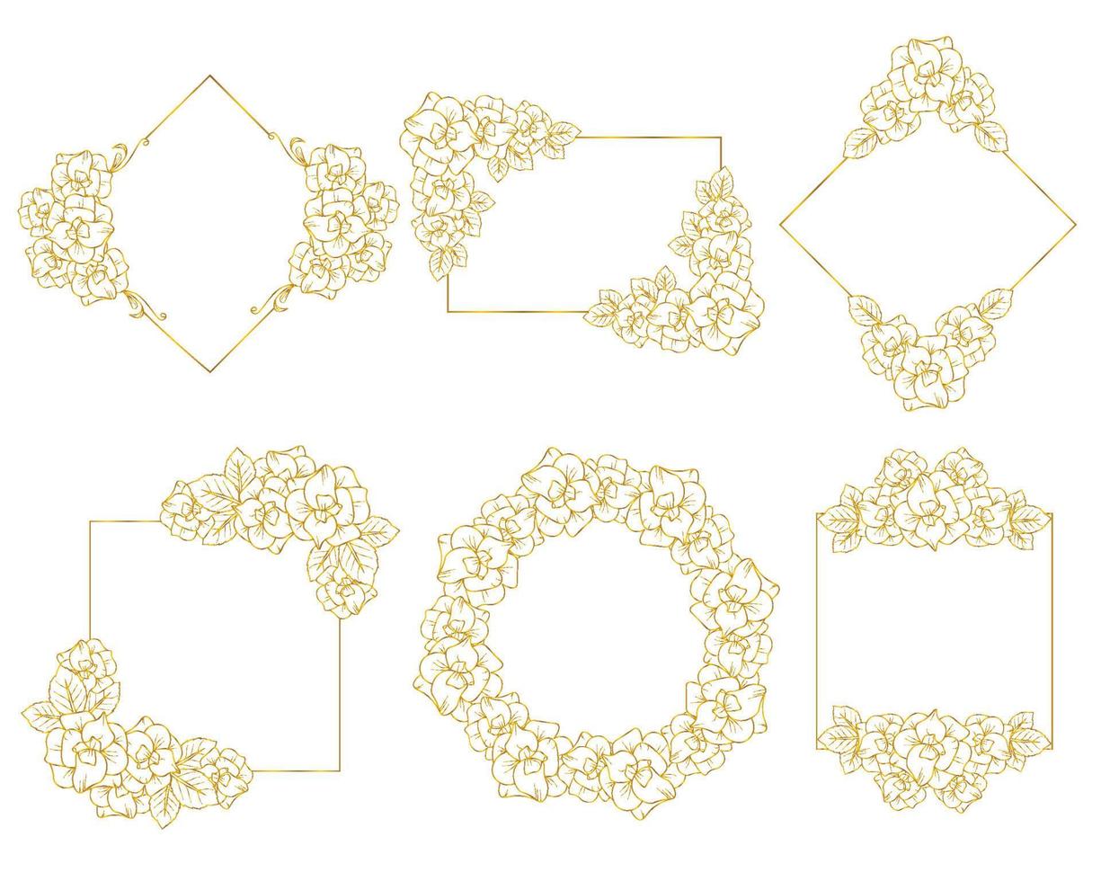 flower wreath element with golden floral frame collection and hand drawn line art illustration vector