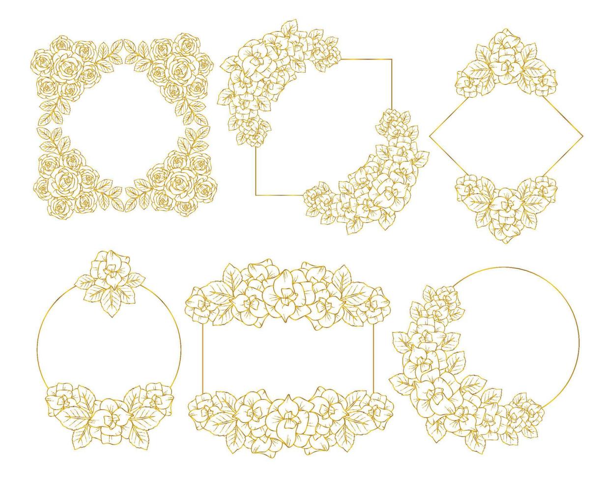 flower wreath element with golden floral frame collection and hand drawn line art illustration vector